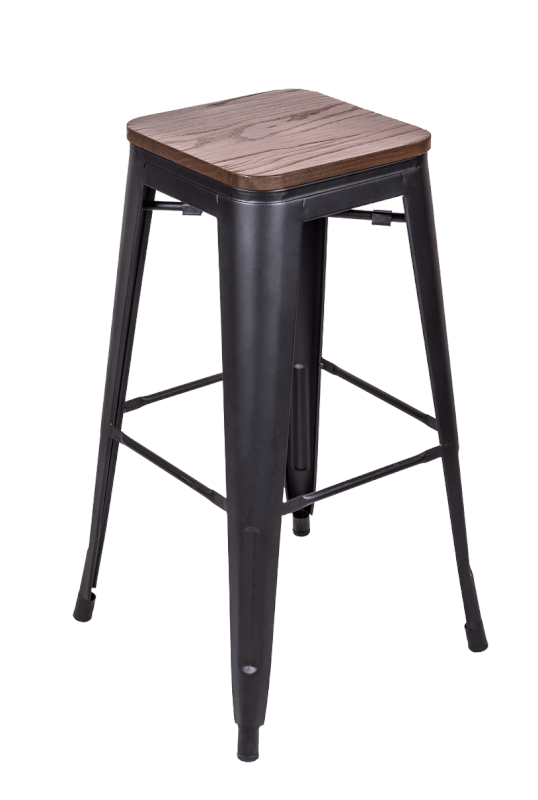 Tabouret métallique INDUSTRIEL empilable, assise Bois chocolat