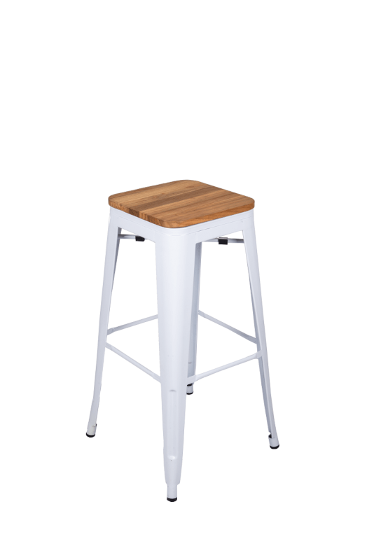 Tabouret métallique INDUSTRIEL empilable, blanc assise Bois clair